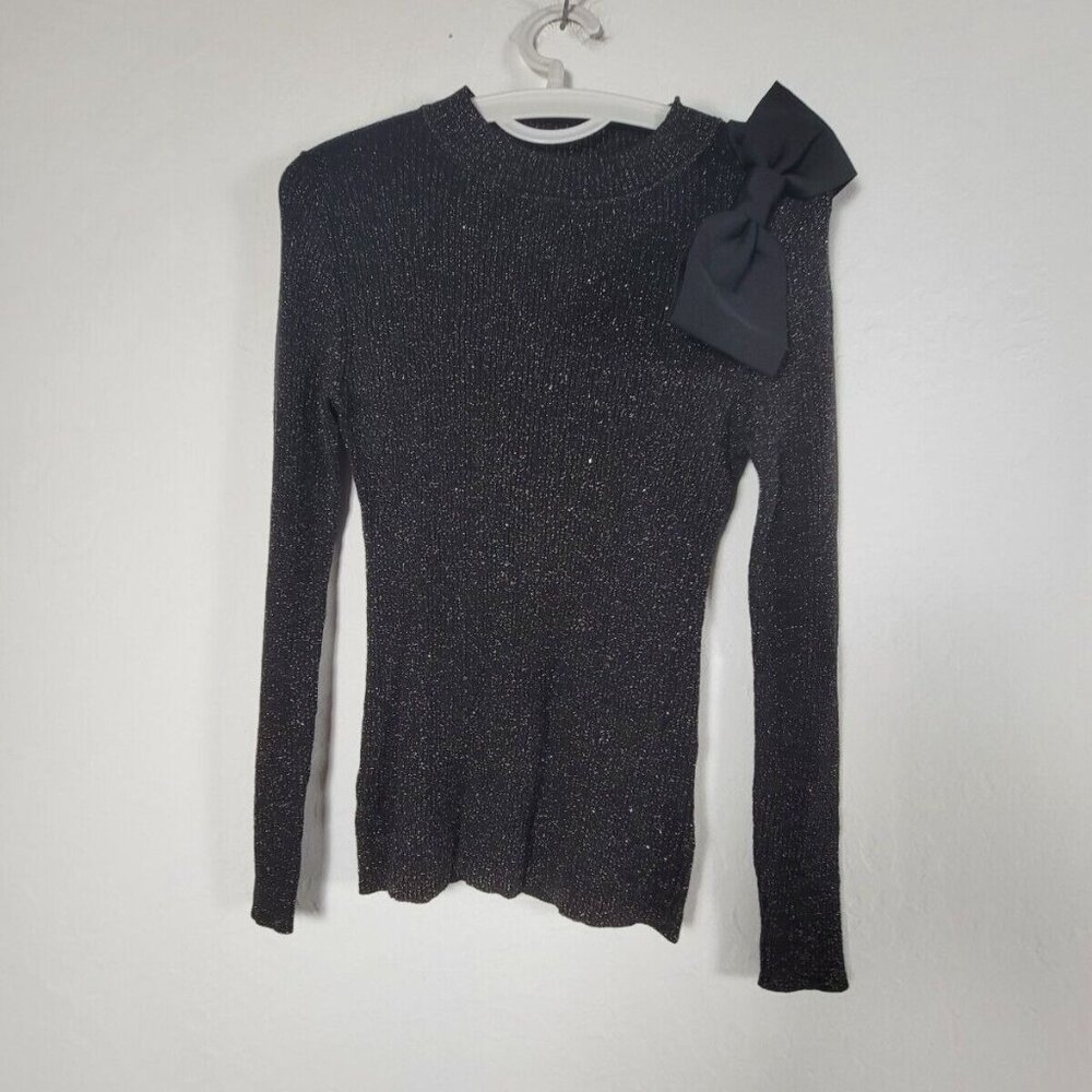 Ann Taylor Sweater Women's XSP Knit Top Metallic Black Bow Fitted Long Sleeve